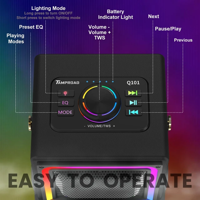 Alt view image 6 of 7 - Bluetooth Speaker, 80W Peak Wireless Portable Outdoor Speakers | Deep Bass, LED Colorful Lights, Loud Stereo Sound Boombox with TWS for Home, Camping, Travel, Party