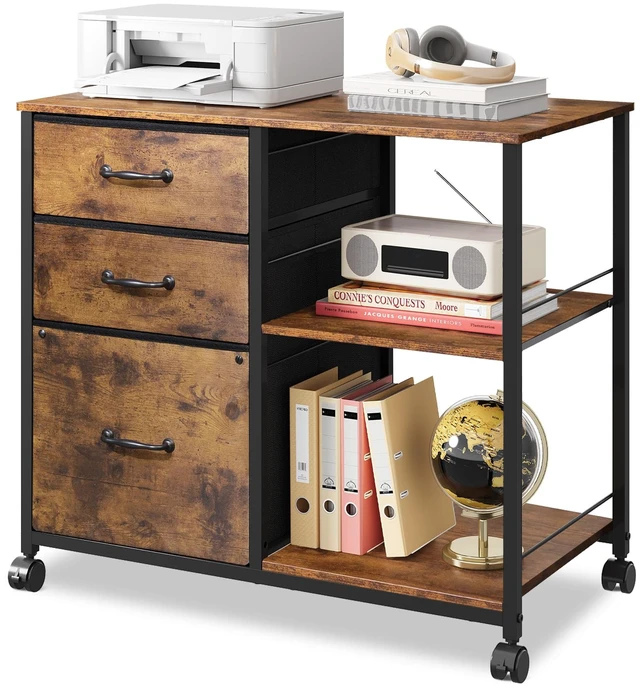 Main image of 3 Drawer Mobile File Cabinet, Fabric Lateral Filing Cabinet | Rolling Printer Stand with Open Storage Shelf, Fits A4 or Letter Size for Home Office, Rustic Brown Wood Grain Print