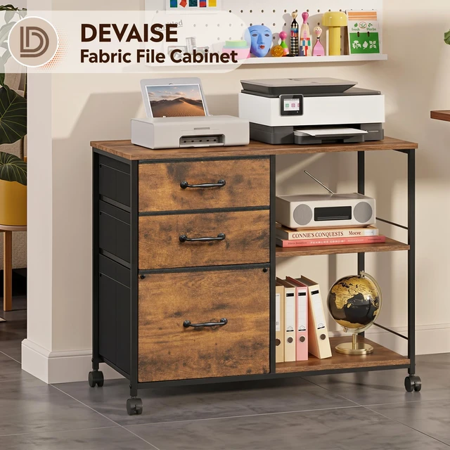 Alt view image 2 of 7 - 3 Drawer Mobile File Cabinet, Fabric Lateral Filing Cabinet | Rolling Printer Stand with Open Storage Shelf, Fits A4 or Letter Size for Home Office, Rustic Brown Wood Grain Print