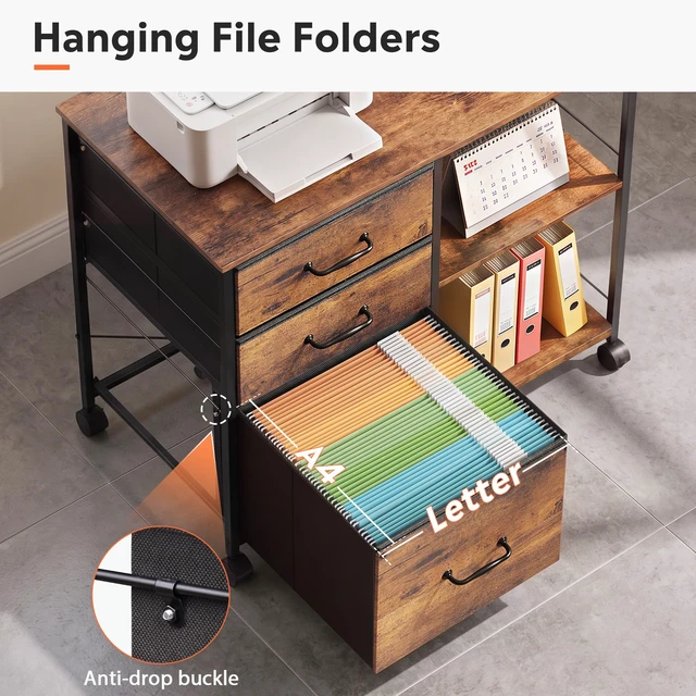 Alt view image 4 of 7 - 3 Drawer Mobile File Cabinet, Fabric Lateral Filing Cabinet | Rolling Printer Stand with Open Storage Shelf, Fits A4 or Letter Size for Home Office, Rustic Brown Wood Grain Print