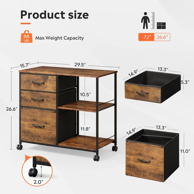 Alt view image 3 of 7 - 3 Drawer Mobile File Cabinet, Fabric Lateral Filing Cabinet | Rolling Printer Stand with Open Storage Shelf, Fits A4 or Letter Size for Home Office, Rustic Brown Wood Grain Print