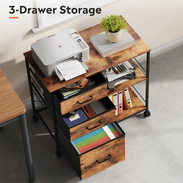 Alt view image 6 of 7 - 3 Drawer Mobile File Cabinet, Fabric Lateral Filing Cabinet | Rolling Printer Stand with Open Storage Shelf, Fits A4 or Letter Size for Home Office, Rustic Brown Wood Grain Print