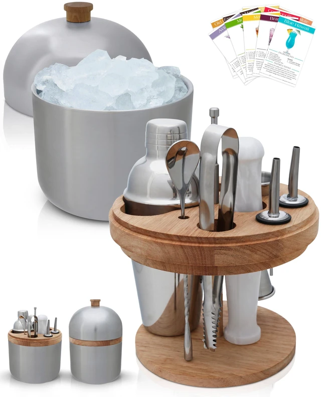 Main image of Cocktail Set Bartender Kit with Stainless Steel Ice Bucket - Complete Mixology Bar Tool Set with Wooden Organizer, Cocktail Shaker, Jigger, Muddler, Spoon, Tongs, Pourers, Recipe Cards