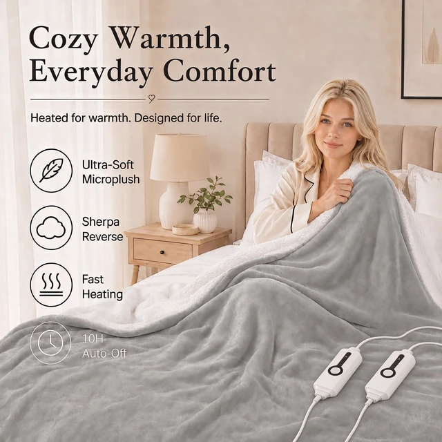 Alt view image 2 of 7 - Electric Heated Blanket 84"x90" Queen Size - Light Gray | Dual-Sided Microplush Sherpa for Bedroom Use, 4 Heat Settings & 10 Hours Auto Off, Dual Controller, Machine Washable