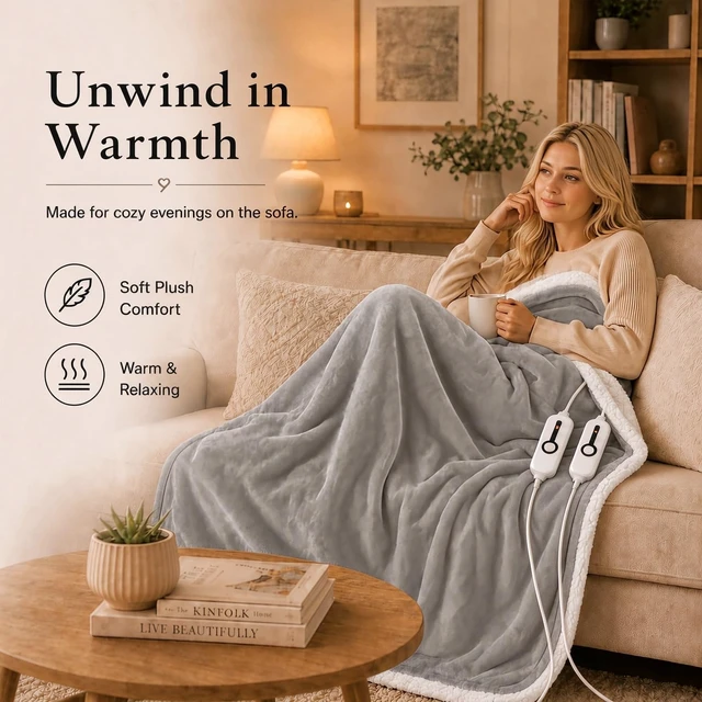 Alt view image 3 of 7 - Electric Heated Blanket 84"x90" Queen Size - Light Gray | Dual-Sided Microplush Sherpa for Bedroom Use, 4 Heat Settings & 10 Hours Auto Off, Dual Controller, Machine Washable