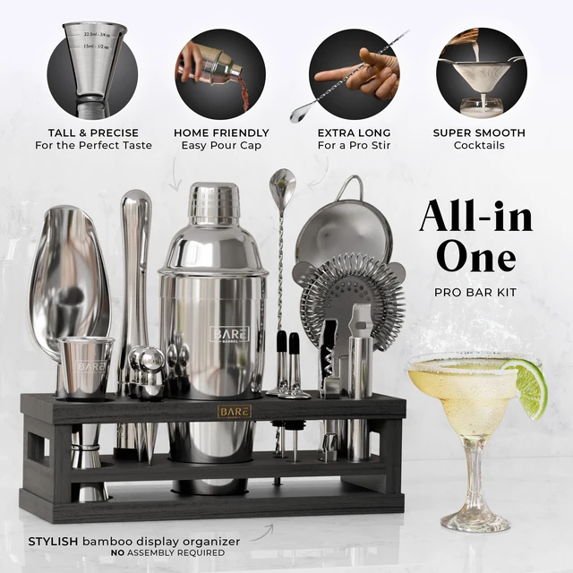 Alt view image 2 of 7 - Mixology Bartender Kit Bar Set | 16-Piece Cocktail Shaker Set | Martini Barware Mixing Tools for Home Bartending | Incl. 35 Recipe Cards | Gift Set (24oz Cobbler Shaker, Silver/Black)