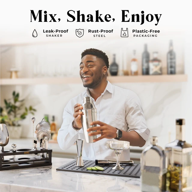 Alt view image 3 of 7 - Mixology Bartender Kit Bar Set | 16-Piece Cocktail Shaker Set | Martini Barware Mixing Tools for Home Bartending | Incl. 35 Recipe Cards | Gift Set (24oz Cobbler Shaker, Silver/Black)