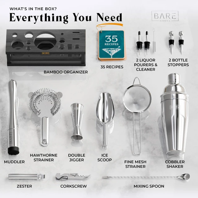 Alt view image 4 of 7 - Mixology Bartender Kit Bar Set | 16-Piece Cocktail Shaker Set | Martini Barware Mixing Tools for Home Bartending | Incl. 35 Recipe Cards | Gift Set (24oz Cobbler Shaker, Silver/Black)