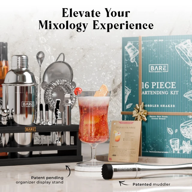 Alt view image 7 of 7 - Mixology Bartender Kit Bar Set | 16-Piece Cocktail Shaker Set | Martini Barware Mixing Tools for Home Bartending | Incl. 35 Recipe Cards | Gift Set (24oz Cobbler Shaker, Silver/Black)
