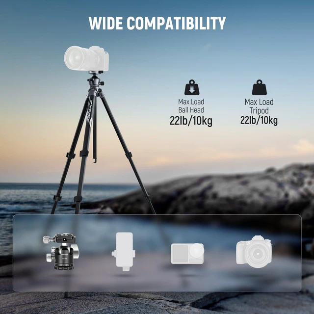 Alt view image 7 of 7 - LITETRIP LT07 61" Aluminum Travel Tripod for Camera | Pan Tilt Low Profile Ball Head, Arca QR Plate Compatible with PD Tripod Plate, Dual Center Axis, Phone Holder, Max Load 22lb
