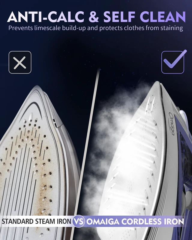Alt view image 5 of 7 - 2-in-1 Cordless and Corded Steam Iron for Clothes, 1550W, Lavender | Rapid heating, auto shut-off, self-clean, anti-calc, 3 temperature settings, large water tank, for home ironing