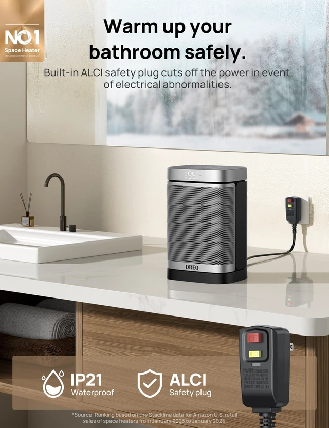 Alt view image 2 of 7 - Space Heater for Bathroom and Indoor, Safe and Quiet Portable Heater | ALCI Safety Plug, 41-95°F Digital Thermostat, Remote, 70°Oscillating, 12h Timer, 5 Modes, 1500W PTC Ceramic Heater
