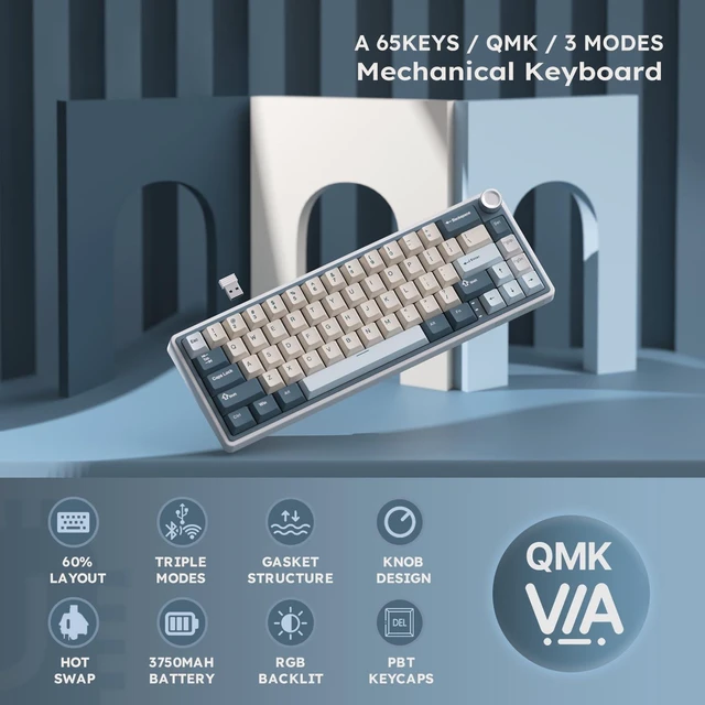 Alt view image 2 of 7 - R65 Wireless Mechanical Keyboard, 60% Keyboard with Knob | 60% RGB Gaming Keyboard with QMK/VIA, 3-Mode 2.4G/BT/Wired, Hot Swappable PCB, PBT Keycaps, 66 Keys, Cream Switch, Blue