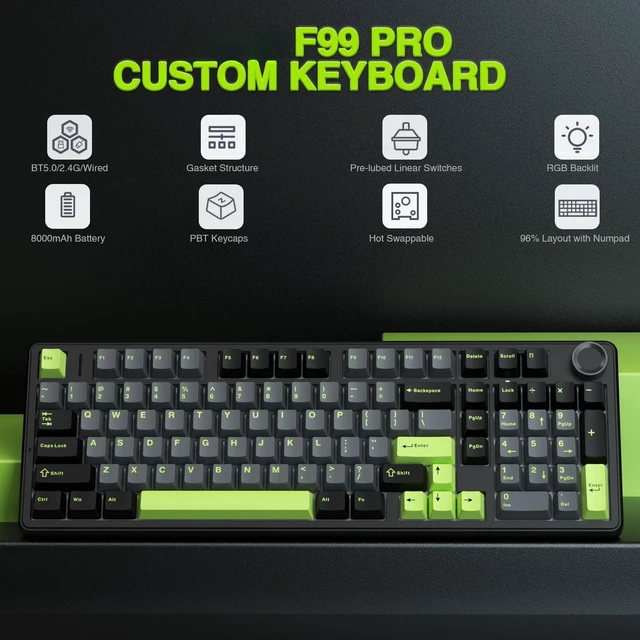 Alt view image 2 of 7 - F99 Pro Wireless Mechanical Keyboard with Number Pad, Knob, 99 Keys | Gasket Structure, Tri-Mode Connection, Hot Swappable, Creamy Sound, RGB Backlit, PBT Keycaps Computer Gaming Keyboards for PC