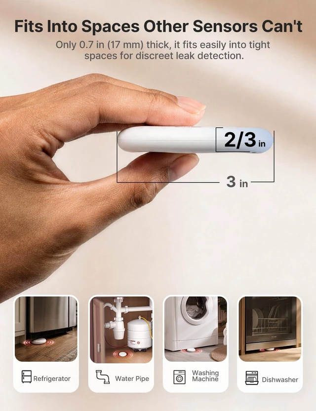 Alt view image 2 of 7 - Ultra-Slim Wi-Fi Water Leak Detector, 4 Sensors + Base, SWS0A41 | 0.7 in Thin Design, Real-Time Alerts, Detects Water as Low as 0.4 mm, 1700 ft Range, Under Appliances & Behind Toilets