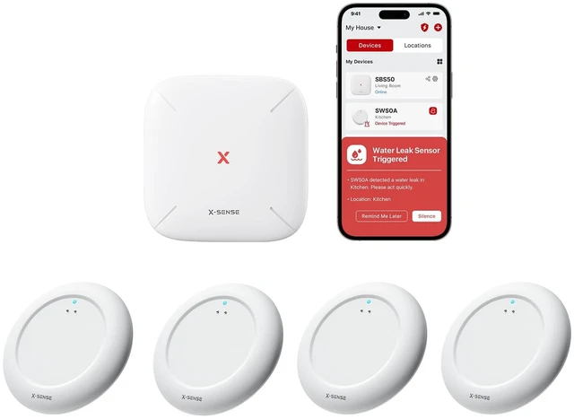 Main image of Ultra-Slim Wi-Fi Water Leak Detector, 4 Sensors + Base, SWS0A41 | 0.7 in Thin Design, Real-Time Alerts, Detects Water as Low as 0.4 mm, 1700 ft Range, Under Appliances & Behind Toilets