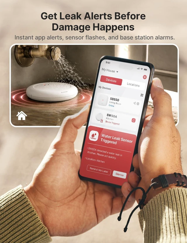 Alt view image 4 of 7 - Ultra-Slim Wi-Fi Water Leak Detector, 4 Sensors + Base, SWS0A41 | 0.7 in Thin Design, Real-Time Alerts, Detects Water as Low as 0.4 mm, 1700 ft Range, Under Appliances & Behind Toilets