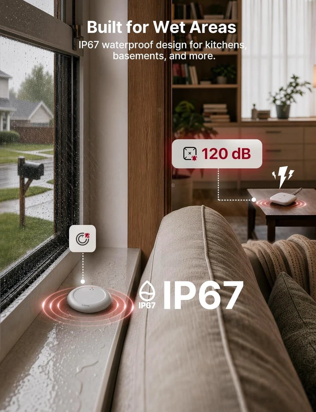 Alt view image 5 of 7 - Ultra-Slim Wi-Fi Water Leak Detector, 4 Sensors + Base, SWS0A41 | 0.7 in Thin Design, Real-Time Alerts, Detects Water as Low as 0.4 mm, 1700 ft Range, Under Appliances & Behind Toilets