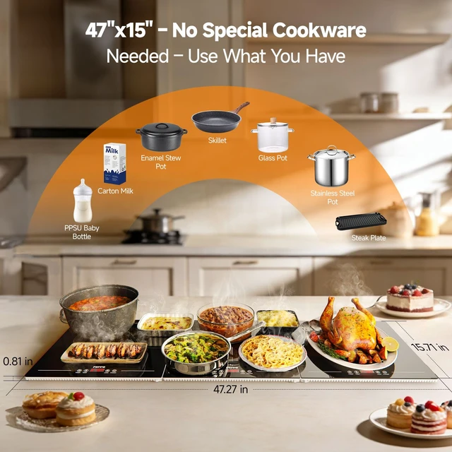 Alt view image 7 of 7 - 2026 Electric Food Warming Tray 47"x15" Rectangular Kitchen Appliance | 3-in-1 Modular Food Warmer with Independent Temp & Timer Control, Glass Food Warming Mat, Ideal for Catering & Gatherings
