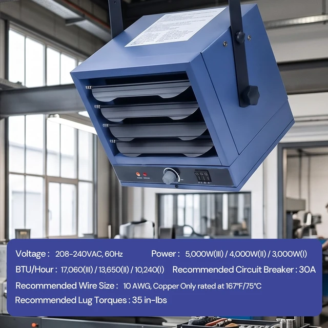 Alt view image 5 of 7 - 5000W Electric Garage Heater, 240V Hardwired Heater, 2026 Upgraded | Fan-Forced Ceiling Mount Shop Heater with 3 heat settings, Adjustable Thermostat, Overheat Protection