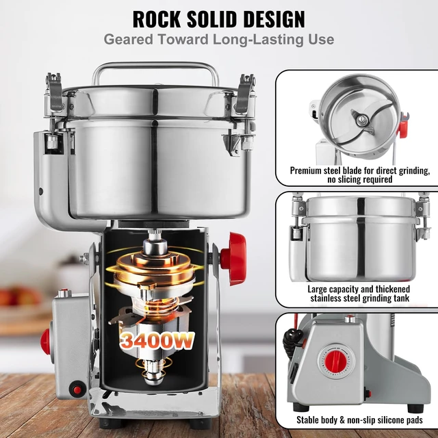 Alt view image 3 of 7 - 2000g Electric Grain Mill Grinder, High Speed 3400W Commercial Spice Grinders, Stainless Steel Pulverizer Powder Machine, for Dry Grains Spices Cereals Coffee Corn Pepper, Swing Type