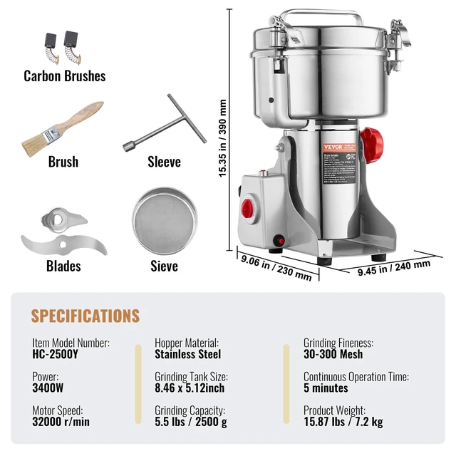 Alt view image 7 of 7 - 2000g Electric Grain Mill Grinder, High Speed 3400W Commercial Spice Grinders, Stainless Steel Pulverizer Powder Machine, for Dry Grains Spices Cereals Coffee Corn Pepper, Swing Type