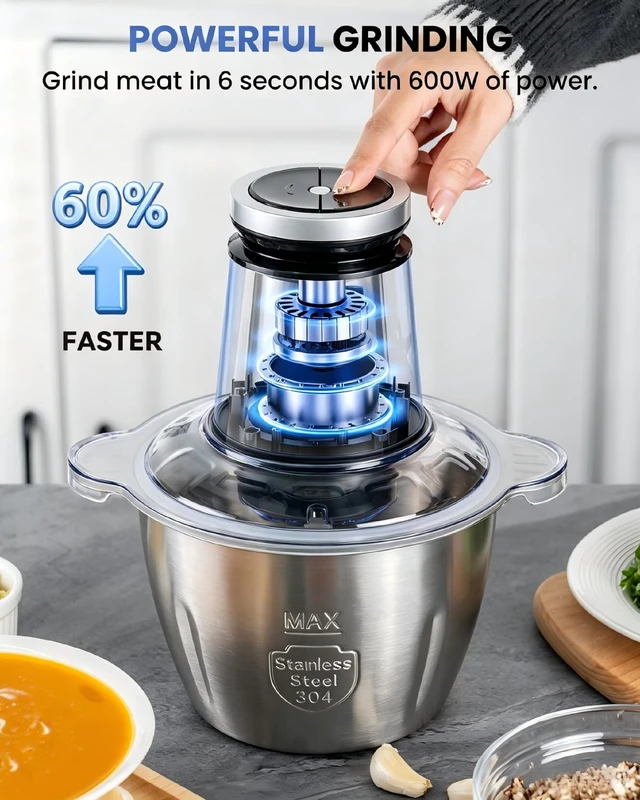 Alt view image 2 of 7 - Food Processor, 10 Cup Electric Food Chopper, 600W Meat Grinder | Sharp Stainless Steel Blades Chop Meat, Vegetables, Onions and Baby Food, Stainless Steel Bowl, Compact and Easy to Clean