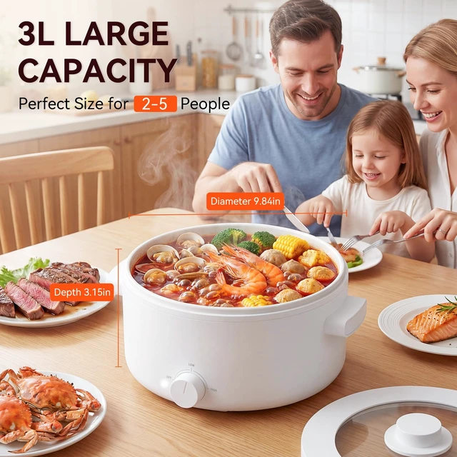 Alt view image 3 of 7 - Electric Hot Pot, 3L Portable Electric Pot with Ceramic Non-stick Coating | Dual Power Multi-functional Romen Cooker for Steak, Pasta, Hot Pot, Ramen, Quick Heating and Overheat Protection