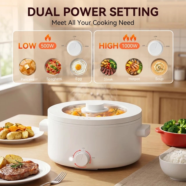 Alt view image 4 of 7 - Electric Hot Pot, 3L Portable Electric Pot with Ceramic Non-stick Coating | Dual Power Multi-functional Romen Cooker for Steak, Pasta, Hot Pot, Ramen, Quick Heating and Overheat Protection