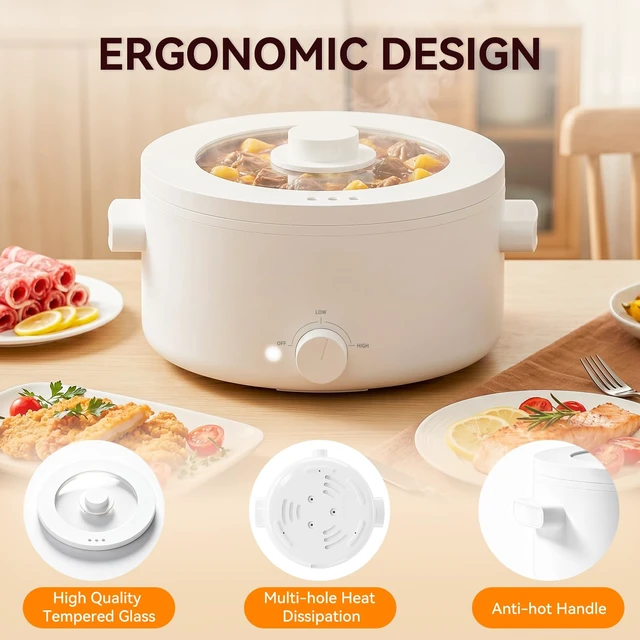 Alt view image 6 of 7 - Electric Hot Pot, 3L Portable Electric Pot with Ceramic Non-stick Coating | Dual Power Multi-functional Romen Cooker for Steak, Pasta, Hot Pot, Ramen, Quick Heating and Overheat Protection