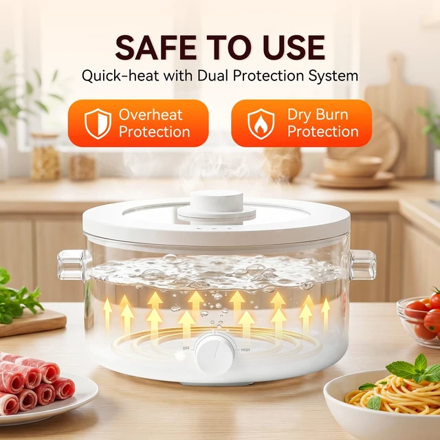 Alt view image 5 of 7 - Electric Hot Pot, 3L Portable Electric Pot with Ceramic Non-stick Coating | Dual Power Multi-functional Romen Cooker for Steak, Pasta, Hot Pot, Ramen, Quick Heating and Overheat Protection