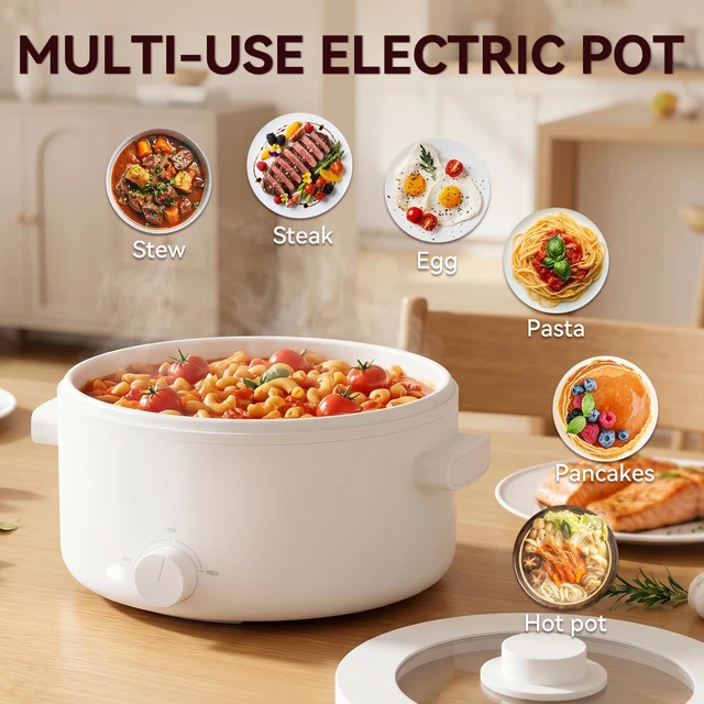 Alt view image 7 of 7 - Electric Hot Pot, 3L Portable Electric Pot with Ceramic Non-stick Coating | Dual Power Multi-functional Romen Cooker for Steak, Pasta, Hot Pot, Ramen, Quick Heating and Overheat Protection