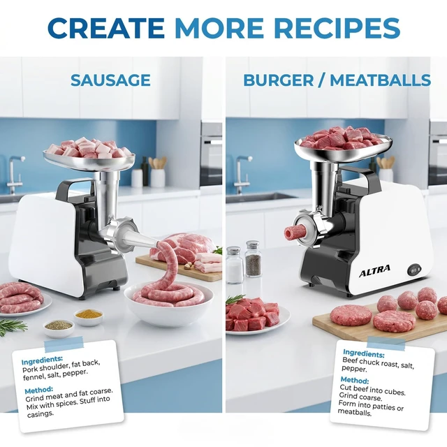 Alt view image 3 of 7 - Electric Meat Grinder, 2300W Max, Heavy Duty Sausage Stuffer with 2 Blades, 3 Grinding Plates, Sausage Tube & Kubbe Kit, Home Kitchen Meat Mincer with Handle (Black)