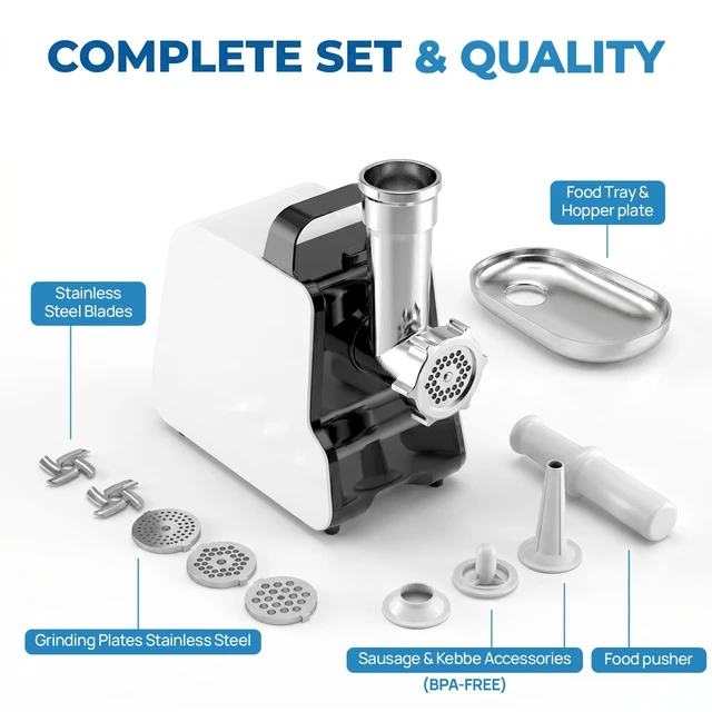 Alt view image 7 of 7 - Electric Meat Grinder, 2300W Max, Heavy Duty Sausage Stuffer with 2 Blades, 3 Grinding Plates, Sausage Tube & Kubbe Kit, Home Kitchen Meat Mincer with Handle (Black)