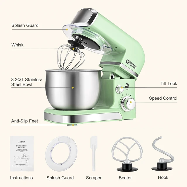 Alt view image 3 of 7 - Stand Mixer,3.2Qt Small Electric Food Mixer,6 Speeds Portable Lightweight Kitchen Mixer for Daily Use with Egg Whisk,Dough Hook,Flat Beater