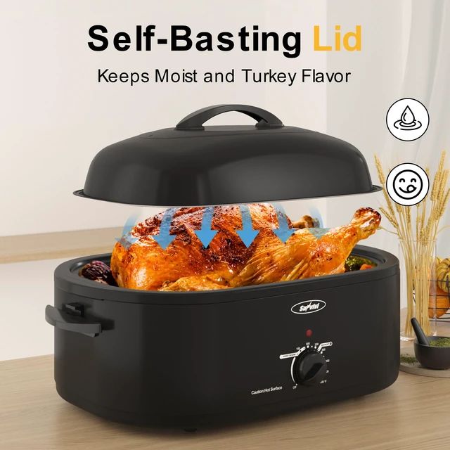 Alt view image 2 of 7 - Roaster Oven, Electric Roaster Oven with Self-Basting Lid, 24lb 20-Quart Turkey Roaster with Unique Defrost/Warm Function, Large Roaster with Removable Pan & Rack, Stainless Steel, Black