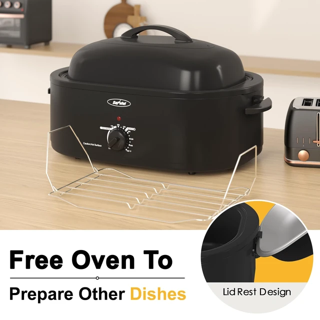 Alt view image 3 of 7 - Roaster Oven, Electric Roaster Oven with Self-Basting Lid, 24lb 20-Quart Turkey Roaster with Unique Defrost/Warm Function, Large Roaster with Removable Pan & Rack, Stainless Steel, Black