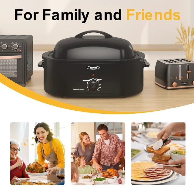 Alt view image 6 of 7 - Roaster Oven, Electric Roaster Oven with Self-Basting Lid, 24lb 20-Quart Turkey Roaster with Unique Defrost/Warm Function, Large Roaster with Removable Pan & Rack, Stainless Steel, Black