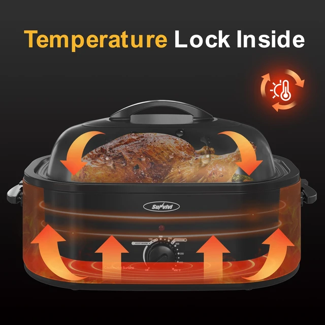 Alt view image 4 of 7 - Roaster Oven, Electric Roaster Oven with Self-Basting Lid, 24lb 20-Quart Turkey Roaster with Unique Defrost/Warm Function, Large Roaster with Removable Pan & Rack, Stainless Steel, Black