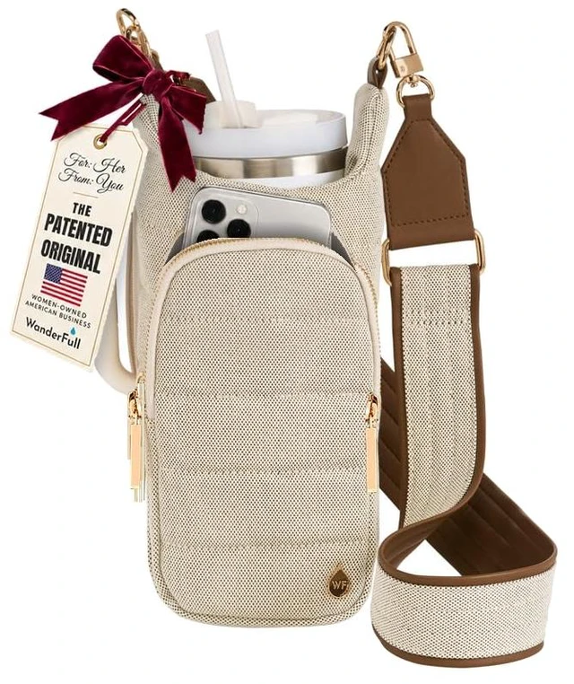 Main image of HydroBag HANDLE® 40 oz Tumbler Carrier with Strap & Phone Pocket | Quilted Crossbody Water Bottle Holder Bag with Zip Slot for Handled Cups Tumbler Holder with Strap, Gift for Women