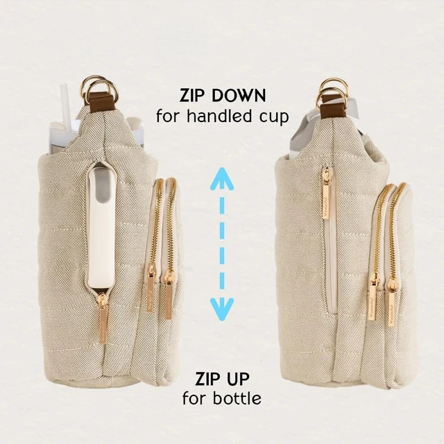 Alt view image 3 of 4 - HydroBag HANDLE® 40 oz Tumbler Carrier with Strap & Phone Pocket | Quilted Crossbody Water Bottle Holder Bag with Zip Slot for Handled Cups Tumbler Holder with Strap, Gift for Women