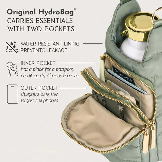 Alt view image 3 of 5 - HydroBag HANDLE® 40 oz Tumbler Carrier with Strap & Phone Pocket | Quilted Crossbody Water Bottle Holder Bag with Zip Slot for Handled Cups Tumbler Holder with Strap, Gift for Women