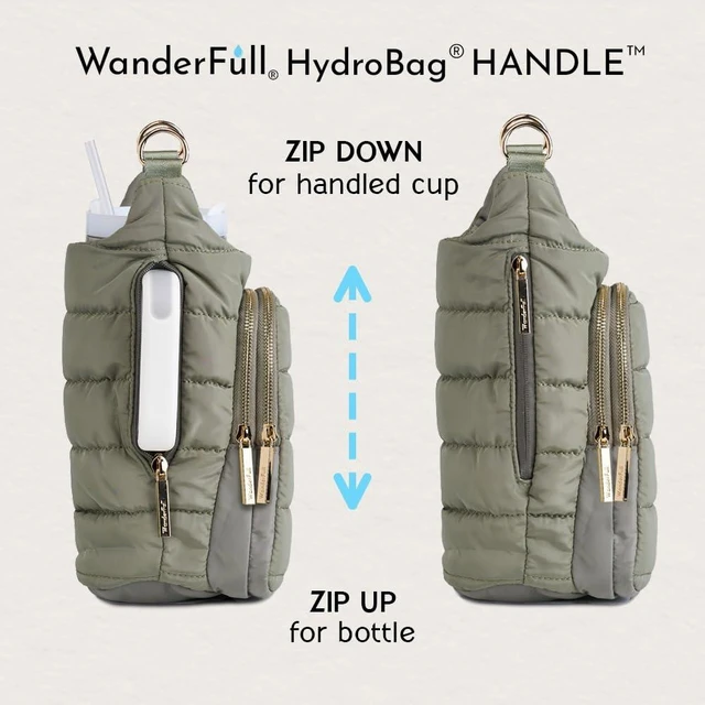 Alt view image 5 of 5 - HydroBag HANDLE® 40 oz Tumbler Carrier with Strap & Phone Pocket | Quilted Crossbody Water Bottle Holder Bag with Zip Slot for Handled Cups Tumbler Holder with Strap, Gift for Women