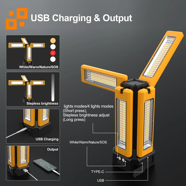 Alt view image 2 of 7 - 13200mAh Rechargeable Solar Work Light,IPX4 Waterproof with Folding Stand Support and Portable Carrying Bag, 8000 Lumen Stepless Dimmable, 4 Lighting Modes, White/Warm/Warm White (Standard)
