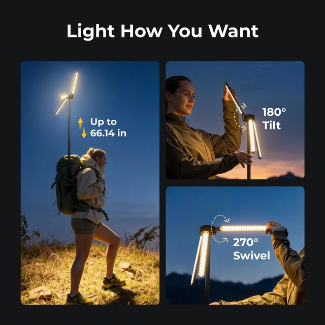 Alt view image 5 of 7 - Telescopic Camping Light T1, 15600mAh Rechargeable Lantern, Black | 5.5 ft Adjustable Height, 1000x3 Lumens, 8-102H Runtime, 270°/180° Rotation, 3 Color Modes, Honeycomb Cutout Design, Outdoor