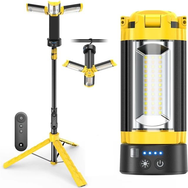 Main image of Camping Lights with Remote, 18000mAh Rechargeable Camping Lantern | LED Work Light, Detachable Tripod Stand up to 6.0 ft, 3 Lamp Heads for Camping Essentials & Emergency, Yellow
