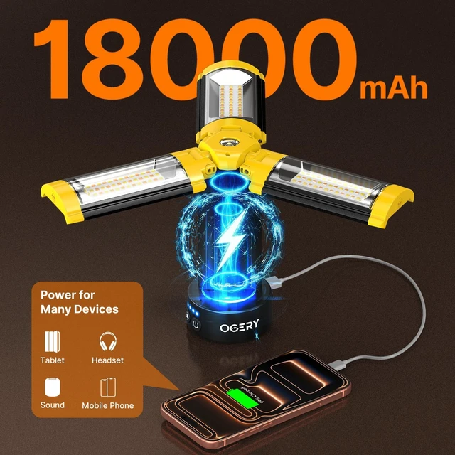 Alt view image 2 of 7 - Camping Lights with Remote, 18000mAh Rechargeable Camping Lantern | LED Work Light, Detachable Tripod Stand up to 6.0 ft, 3 Lamp Heads for Camping Essentials & Emergency, Yellow
