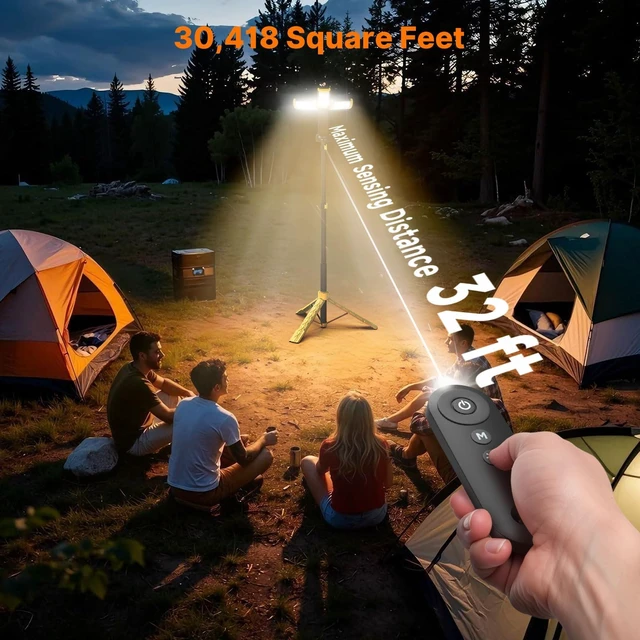 Alt view image 3 of 7 - Camping Lights with Remote, 18000mAh Rechargeable Camping Lantern | LED Work Light, Detachable Tripod Stand up to 6.0 ft, 3 Lamp Heads for Camping Essentials & Emergency, Yellow
