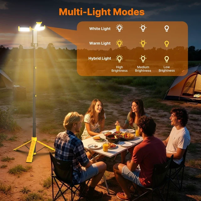 Alt view image 4 of 7 - Camping Lights with Remote, 18000mAh Rechargeable Camping Lantern | LED Work Light, Detachable Tripod Stand up to 6.0 ft, 3 Lamp Heads for Camping Essentials & Emergency, Yellow