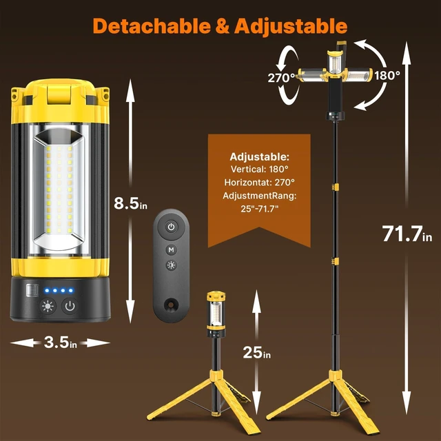 Alt view image 7 of 7 - Camping Lights with Remote, 18000mAh Rechargeable Camping Lantern | LED Work Light, Detachable Tripod Stand up to 6.0 ft, 3 Lamp Heads for Camping Essentials & Emergency, Yellow